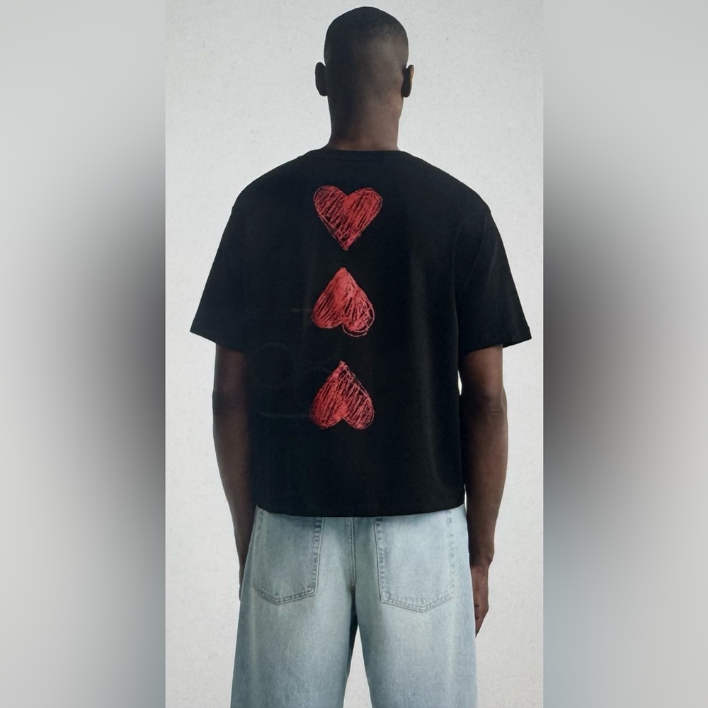 ZARA MAN Heart Print T-Shirt Black Red Small SOLD OUT